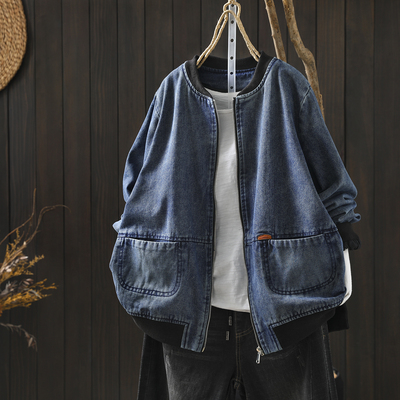 牛仔外套女款春季新款2026蓝色双口袋休闲轻熟时髦百搭小立领上衣