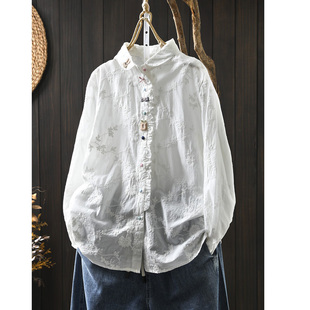 手工花朵纯棉提花长袖衬衫女宽松减龄秋甜美文艺彩色包扣打底上衣