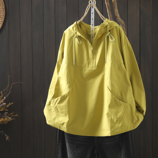 黄色连帽大码 上衣女2026新款 薄款 春季 宽松设计感洋气套头t恤 爆款