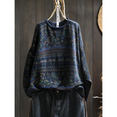 复古印花棉线针织毛衣女宽松大码 休闲圆领套头不起球针织衫 秋装 款