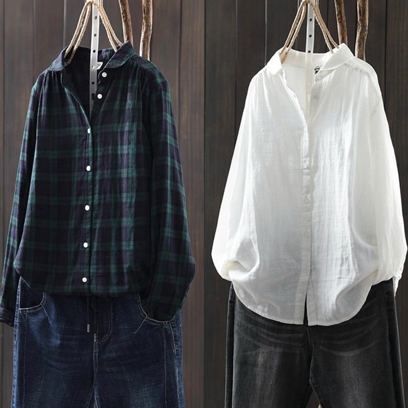 绿格子长袖衬衫女上衣2025春季新款宽松休闲内搭叠穿婴儿棉白衬衣