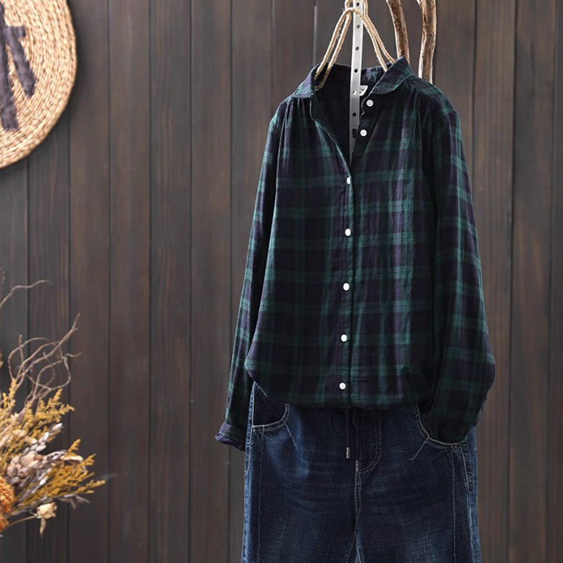 双层棉纱细格子长袖休闲百搭衬衫