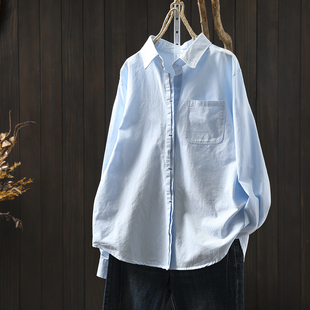 衬衣女款2026新款爆款秋新款纯棉蓝色宽松韩系简约通勤设计感衬衫