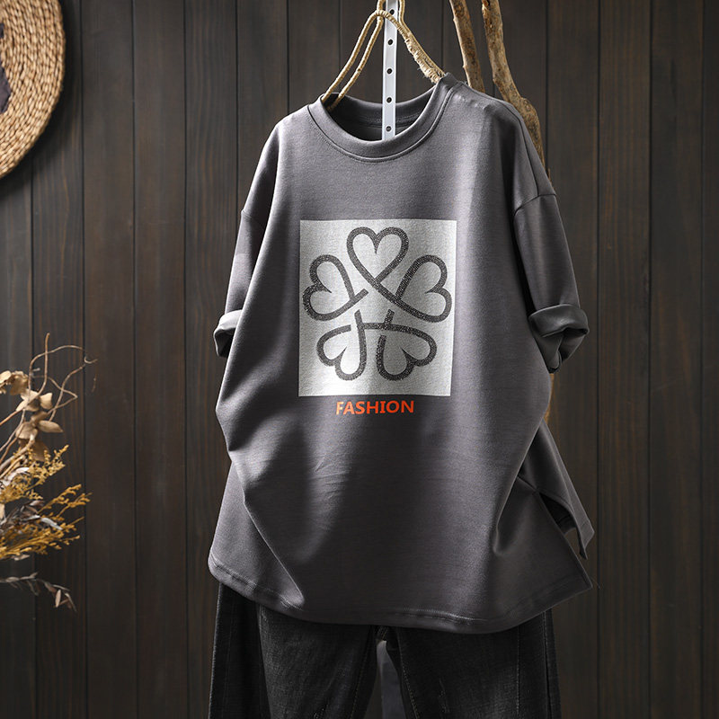 烫钻印花短袖t恤女宽松显瘦夏装新款复古港味大板中长款套头上衣