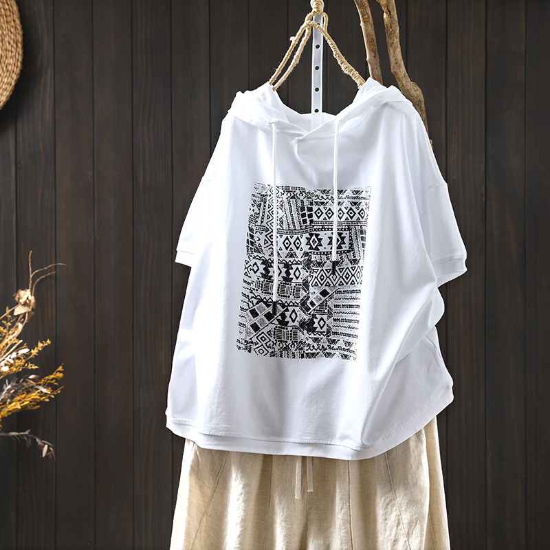 白色连帽短袖t恤女小个子2026新夏字母印花宽松大码遮肉休闲上衣