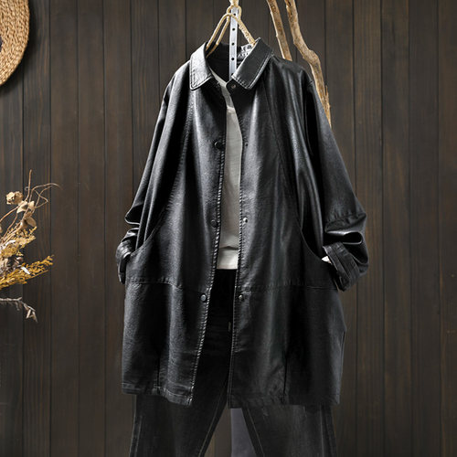 双口袋中长款pu皮衣显瘦复古宽松