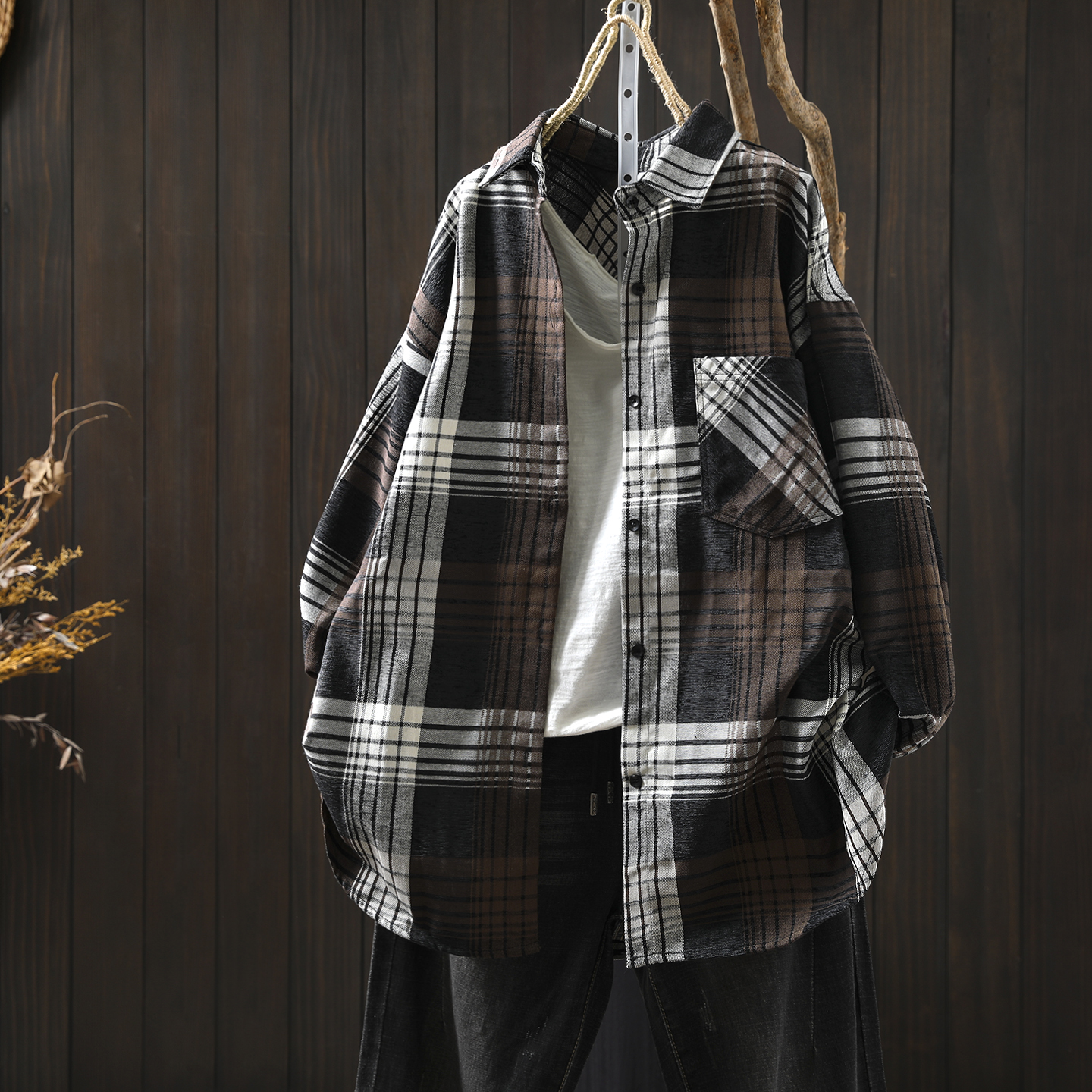 长袖格子衬衫外套大码女胖mm2025新款秋季宽松慵懒风复古外套开衫