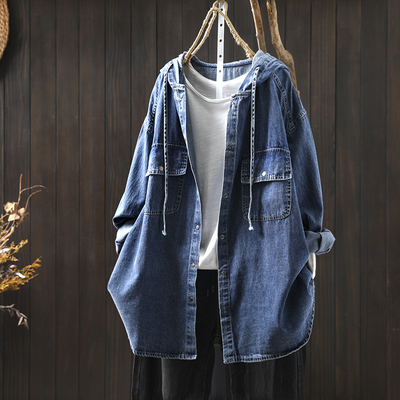 牛仔衬衫女2026新款开春巨好看宽松休闲减龄长袖蓝色连帽衬衣外套