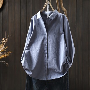蓝色衬衫女款2026春装上新女装爆款纯棉磨毛长袖单穿打底内搭上衣