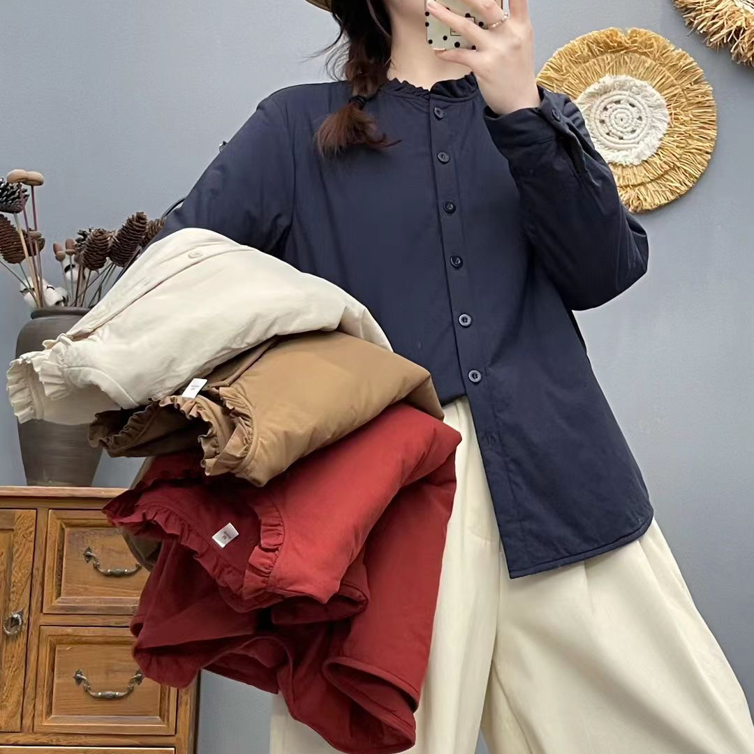 小个子巨好看的衬衫棉服女2025秋冬季新款加棉花边领薄款打底棉衣