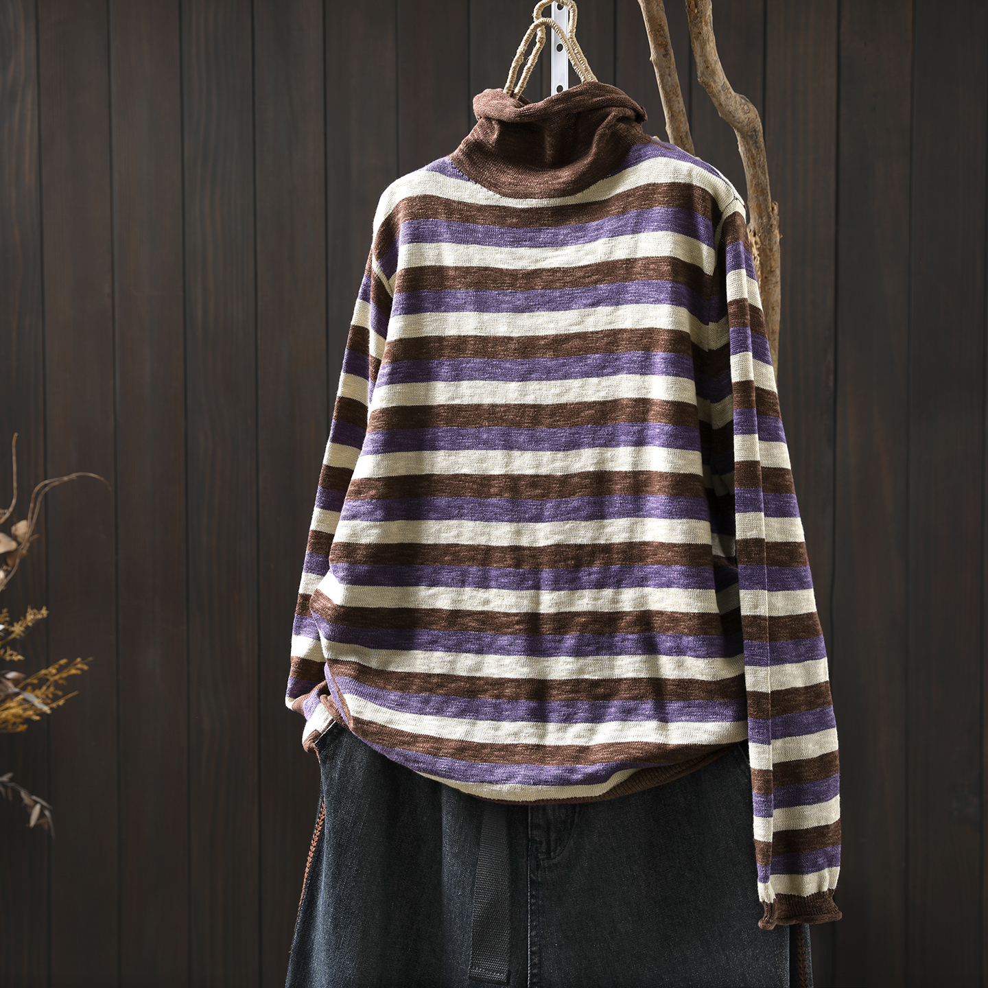 条纹打底衫2025新款女秋冬针织堆堆领复古宽松内搭百搭长袖t恤衫