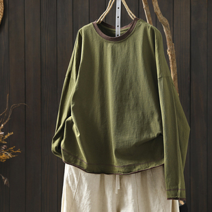 纯棉打底衫女2026超火洋气正流行设计感撞色长袖宽松休闲卫衣t恤