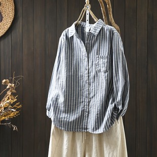 蓝色条纹衬衫女士长袖上衣2026春季新款爆款宽松纯棉衬衣小衫