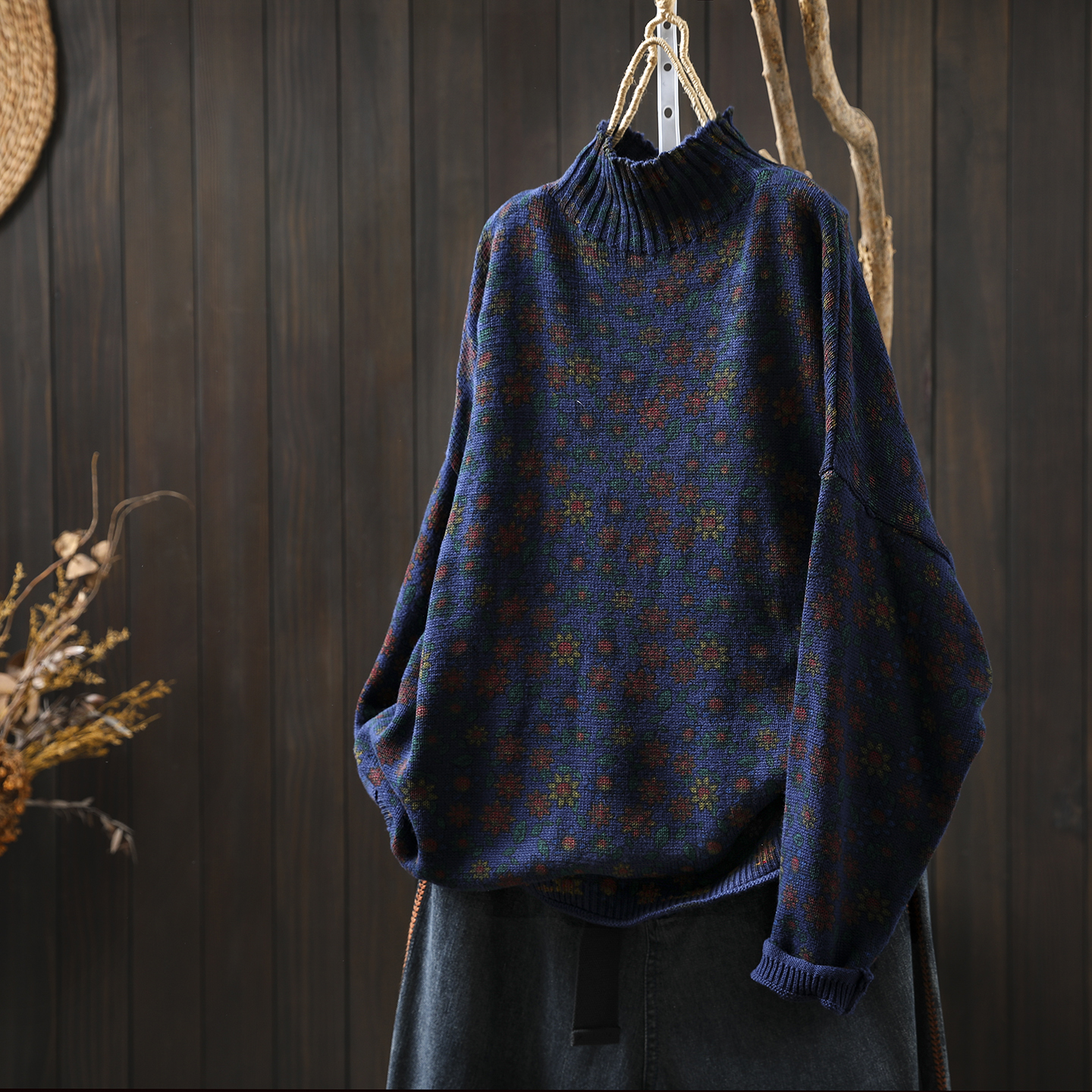 慵懒松弛感毛线衣女2025新款秋冬棉线半高领碎花复古大码宽松毛衣