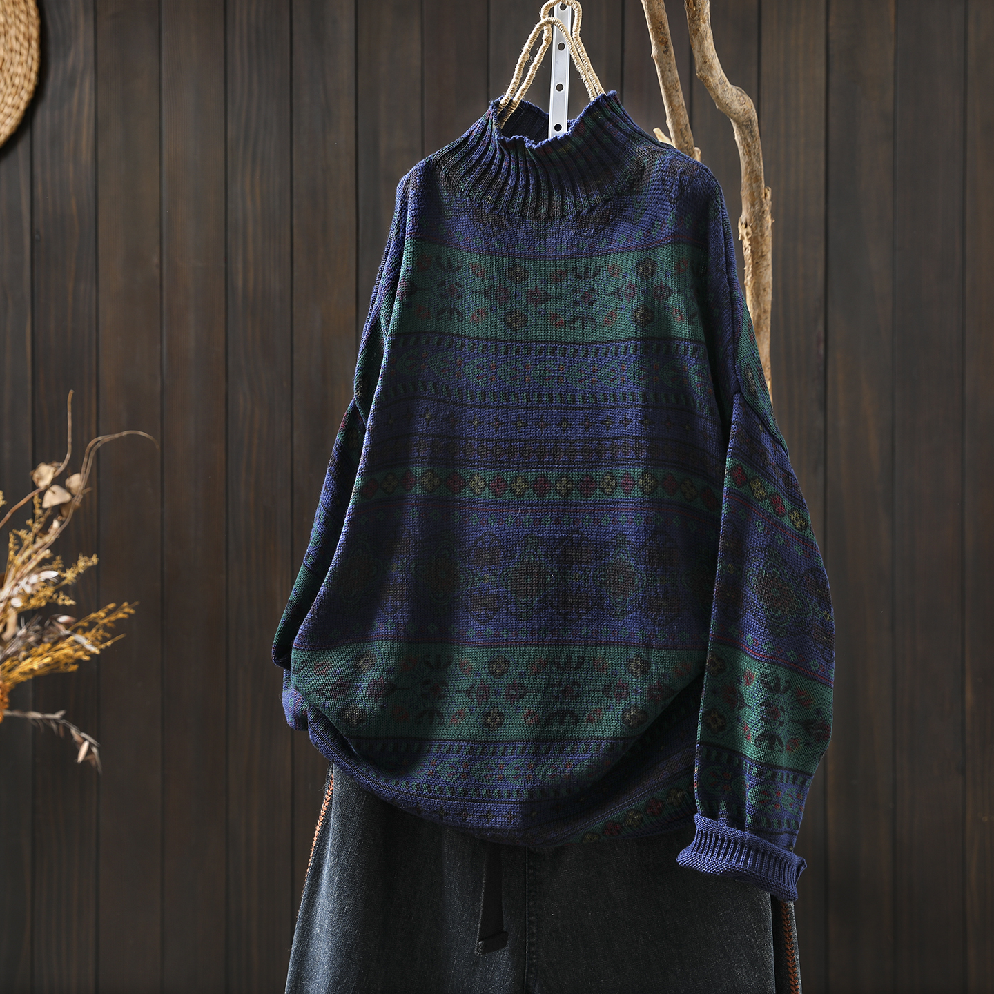 慵懒松弛感毛线衣女2025新款秋冬季半高领印花可外穿内搭宽松毛衣