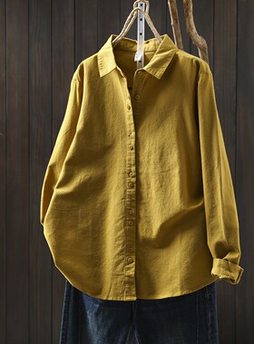 黄色衬衫女款2026春装上新女装美拉德纯棉长袖内搭上衣衬衣小个子