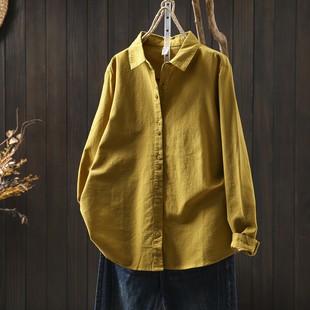 黄色衬衫女款2026春装上新女装美拉德纯棉长袖内搭上衣衬衣小个子
