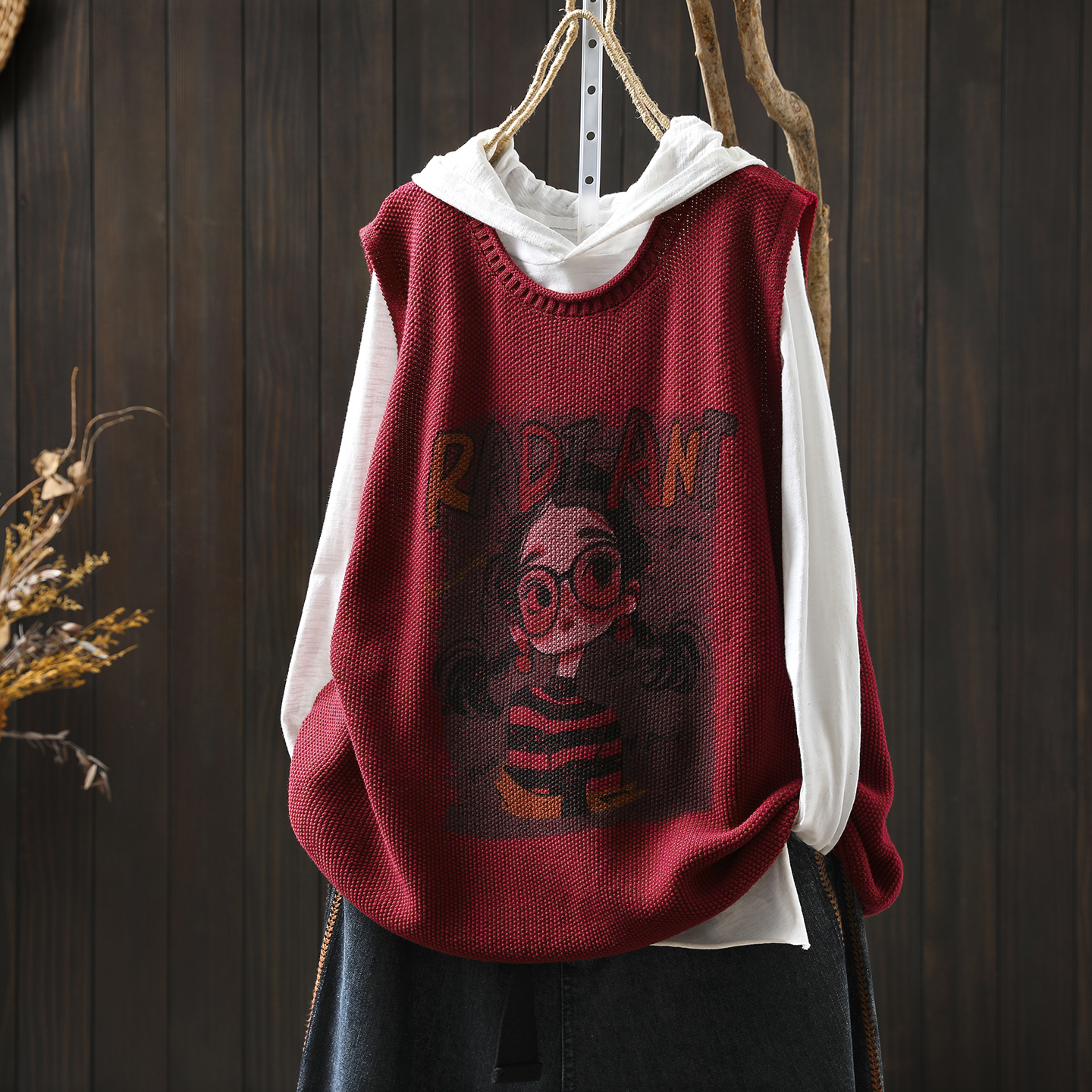 独特超好看马甲背心女2025秋季新款女孩印花减龄棉线针织套头上衣