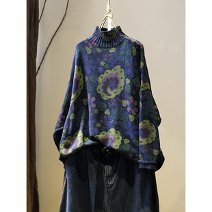 复古印花半高领棉线针织毛衣女宽松大版 休闲洋气套头上衣 遮肉秋装