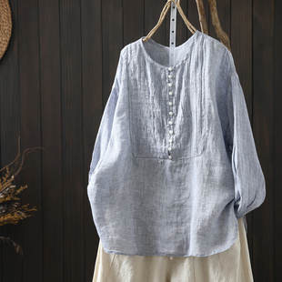 春季 女士风琴褶独特单穿宽松不撞款 小衫 上衣亚麻t恤2026新款