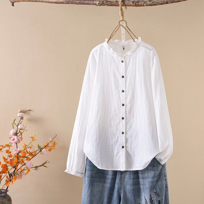 白色衬衫女款2025新款宽松休闲百搭纯棉打底设计感长袖娃娃领上衣
