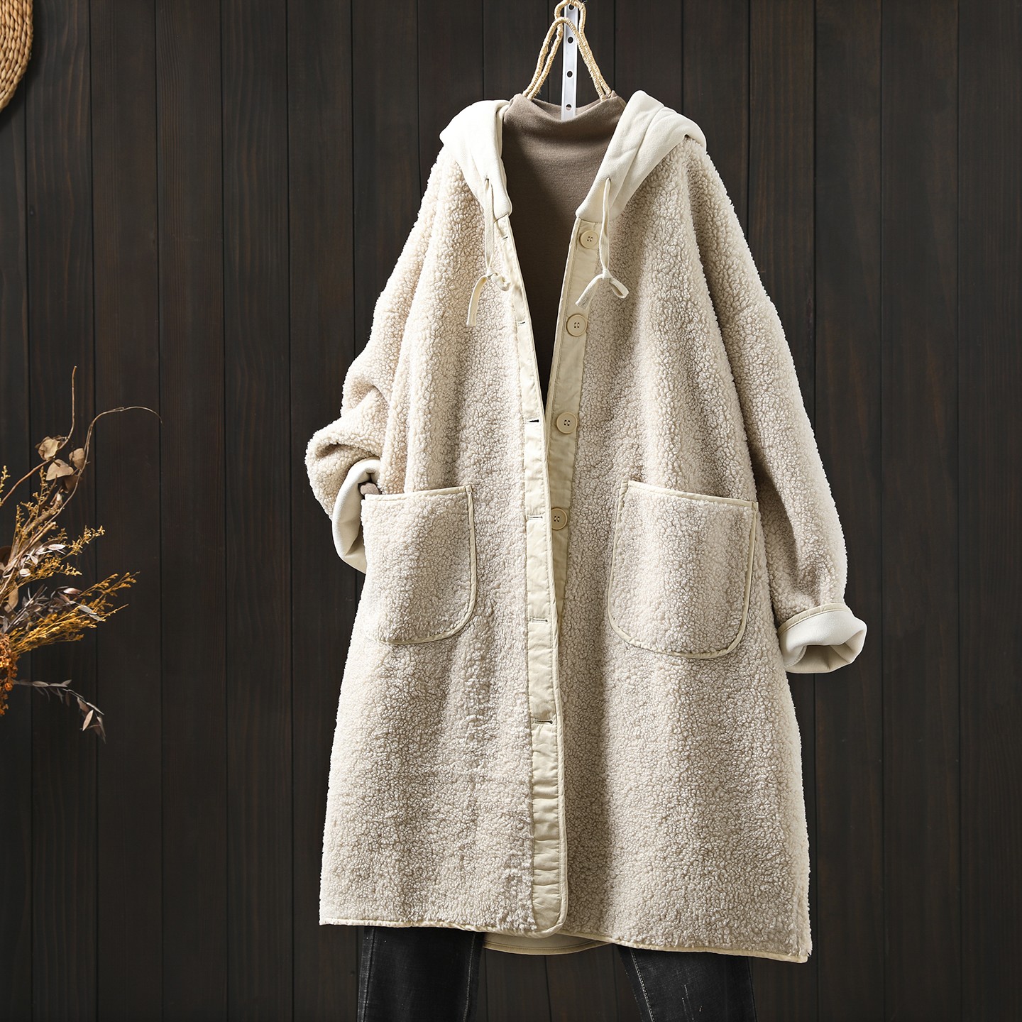 外套2025新款今年流行爆款初冬季长款连帽摇粒绒皮毛一体宽松上衣