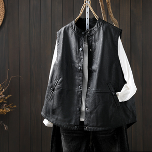 黑色马甲女款2026新款春装小立领pu皮高级气质宽松无袖坎肩皮马夹