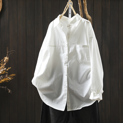白色衬衣女2026秋新纯棉单口袋高级感纯色简约时尚中长款长袖衬衫
