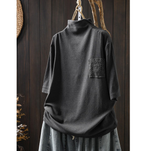 精品羊绒蕾丝口袋半高领打底衫女五分袖宽松显瘦春装休闲高弹t恤