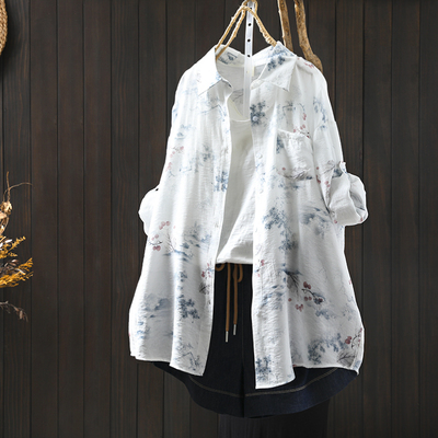 印花天丝防晒衬衫女夏季2025新款宽松休闲减龄长袖空调衫外套薄款