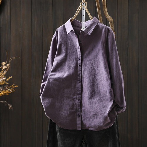 韩系简约通勤设计感衬衫女2026新款春装纯棉长袖磨毛纯色翻领衬衣