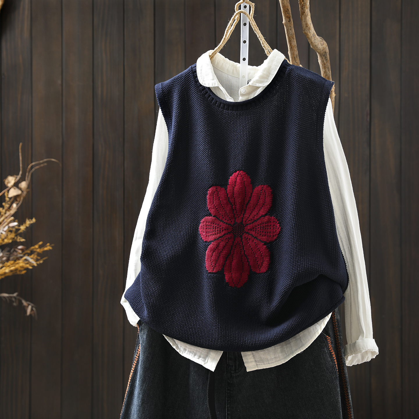 别致叠穿小马甲女士2025新款秋花朵棉线针织独特漂亮百搭无袖背心