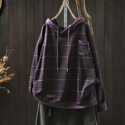 条纹连帽卫衣女2025新款秋季复古休闲宽松长袖小个子碎花套头t恤