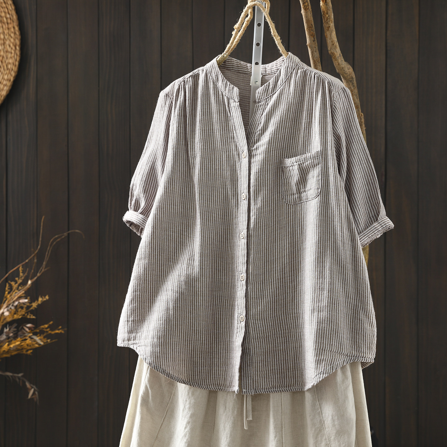 2026超火减龄衬衫短袖T恤夏新款纯棉高级独特条纹单口袋休闲衬衣