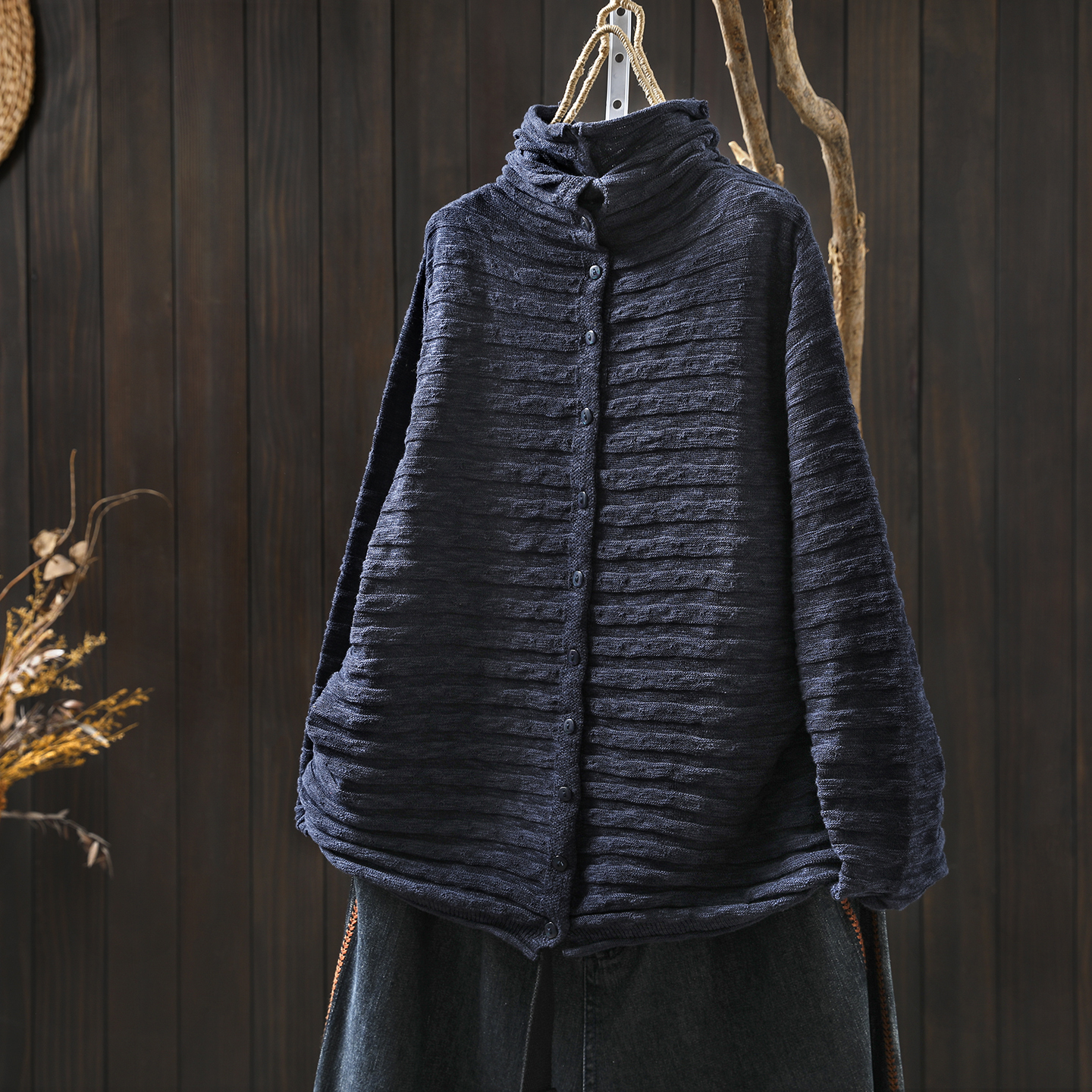 气质女士上衣2025新款秋冬季复古条纹堆堆领打底显瘦针织毛衣开衫