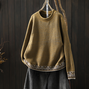 女士提花毛衣2025冬新款 设计感拼接棉线针织独特超好看宽松毛线衣