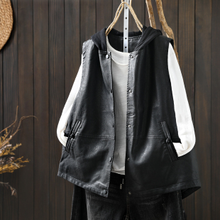 巨好看的叠穿马甲女款春季2026新款黑色连帽宽松无袖时尚PU皮背心