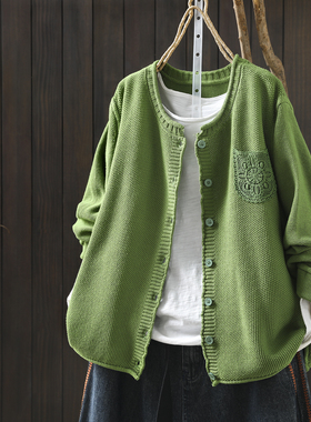 针织开衫外套女士2026开春新款绿色棉线蕾丝口袋文艺漂亮长袖上衣