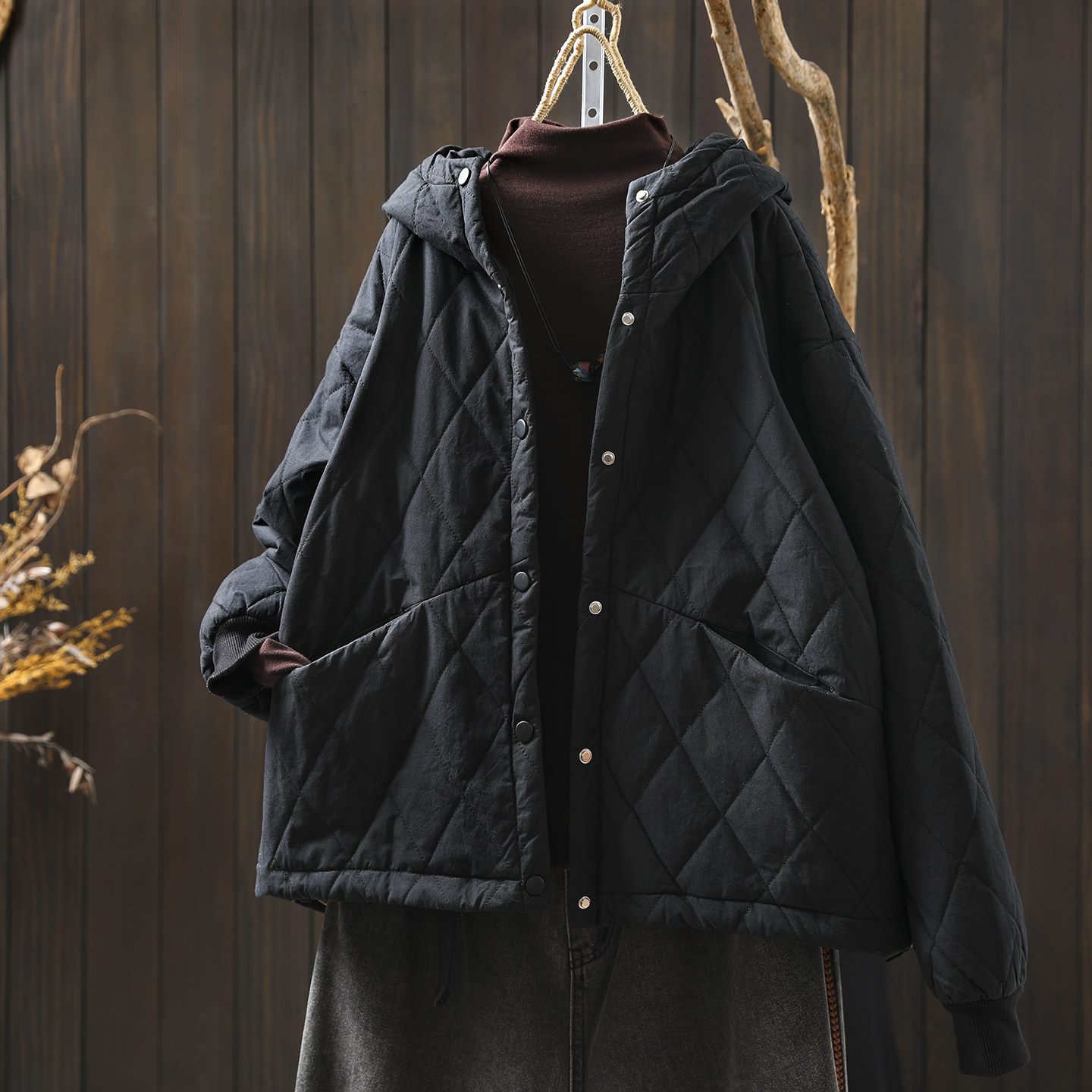 夹棉超好看外套女2025新款初冬季黑色连帽菱格纯色宽松百搭薄棉袄