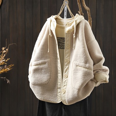 巨好看的初冬外套女款2025新款流行连帽摇粒绒双口袋厚款休闲上衣