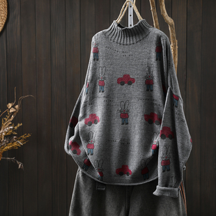 慵懒松弛感毛线衣女2025秋冬新款 可外穿毛衣 棉线针织兔子印花大码