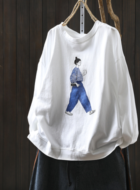 巨好看的春装上衣t恤女2026新款白色女孩印花宽松胖mm休闲打底衫