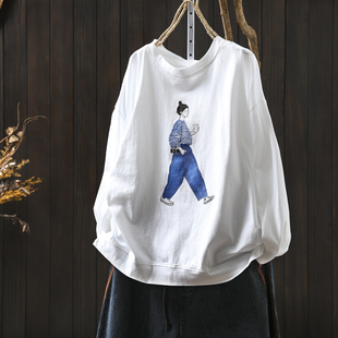 巨好看的早秋上衣t恤女2025新款白色女孩印花宽松胖mm休闲打底衫