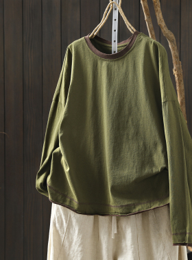 长袖t恤女2026春新款纯棉绿色慵懒风宽松遮肉打底可外穿圆领上衣