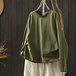 长袖t恤女2026春新款纯棉绿色慵懒风宽松遮肉打底可外穿圆领上衣