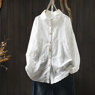 白色衬衣女款2025新款爆款早秋纯棉刺绣提花文艺洋气宽松百搭衬衫