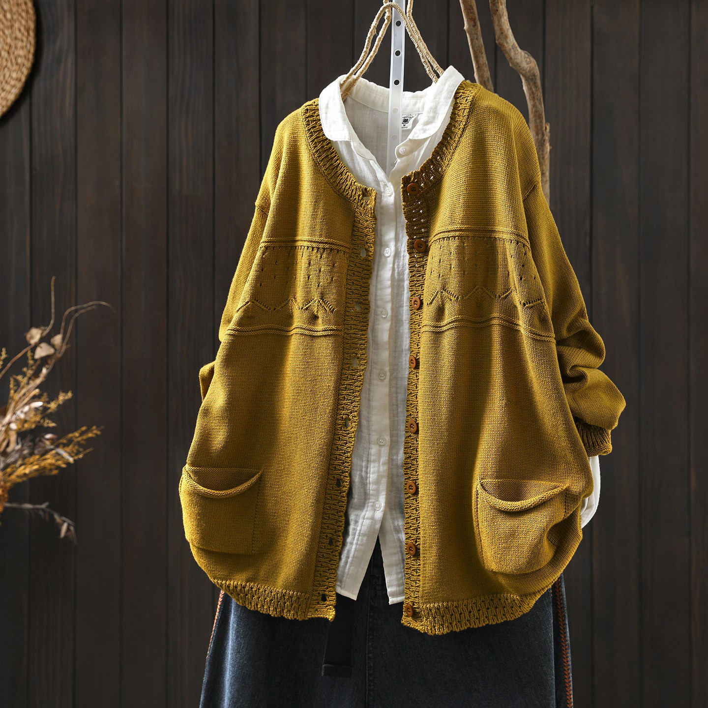 针织女装2026新款秋冬季棉线双口袋花边纯色减龄设计感巨好看开衫