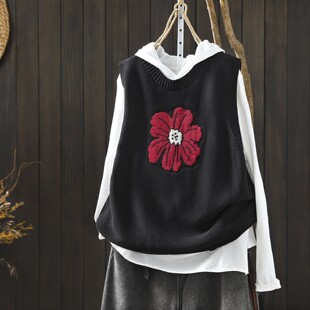 开春马甲背心2026女士新款正流行花朵设计感棉线针织无袖套头马夹
