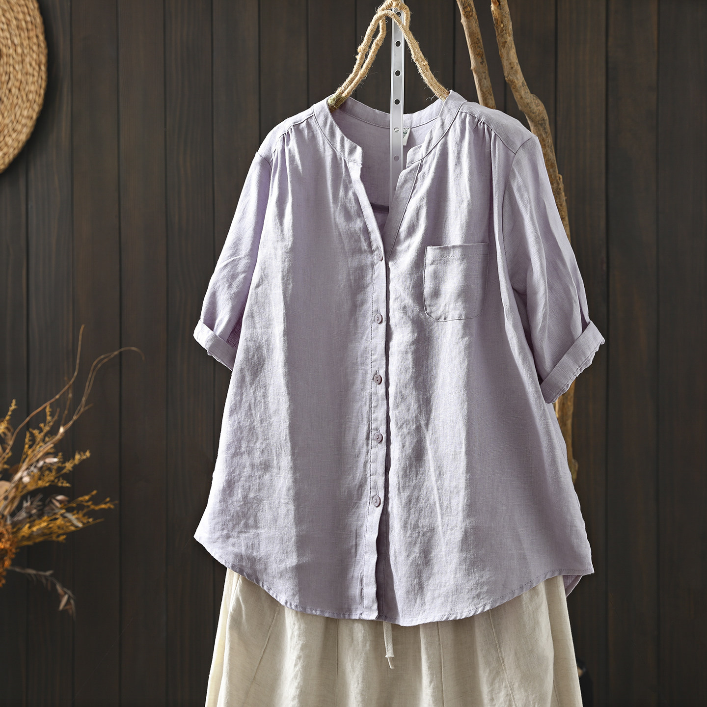 炸街独特漂亮上衣亚麻衬衫2026今年流行的新款紫色单口袋高级衬衣