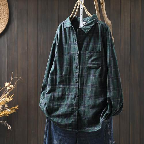 纯棉绿色格子衬衫女长袖2025新秋冬休闲夹棉保暖内搭打底叠穿衬衣